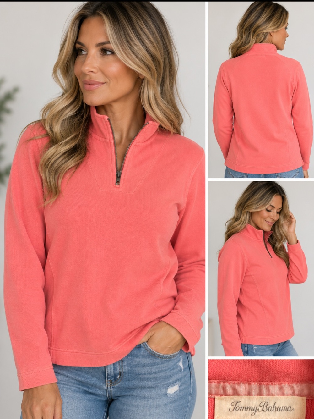 Tommy Bahama Coral Pink Quarter Zip Pullover Women’s Cotton Stretch Size L